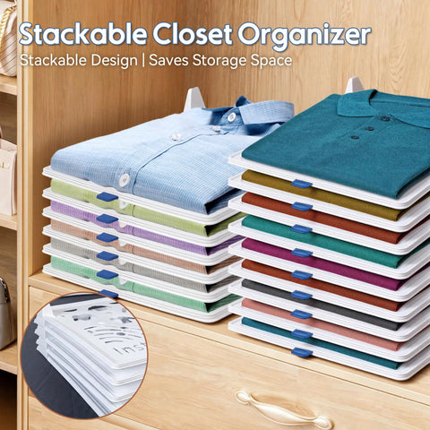 20 Pack Tshirt Organizer Stackable Closet Shelf Storage For Folded Clothes showing stacked trays with various colored shirts.