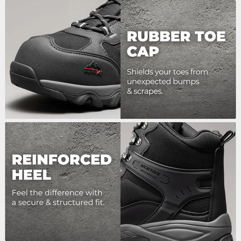 Close-up of waterproof steel toe work boots for men with slip resistant safety industrial design and durable black suede membrane.