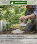 Gardener applying All Natural Hardwood Ash Fertilizer for Plants Potassium Rich Organic Soil Amendment near tree in garden.