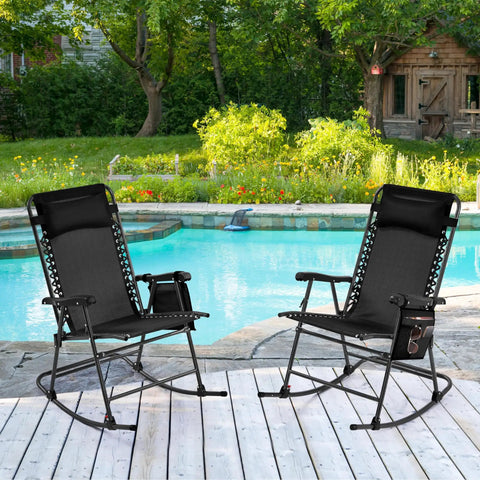 26 Inch Zero Gravity Outdoor Rocking Chairs Set Of 2 Foldable Loungers With Phone Holder And Pillow by a pool