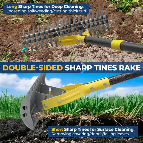 70 Inch Heavy Duty Metal Dethatcher Rake With 15 Inch Wide Double Edged Sharp Tines for soil loosening and garden care