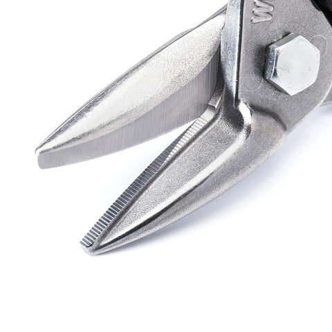 Nine And Three Quarters Inch MetalMaster Compound Action Aviation Snips Straight And Left Cut With Red Handles Precision Molybdenum Blades CNC Ground Edges And Serrations For Clean Cuts In Low Carbon Cold Rolled Steel Up To Eighteen Gauge