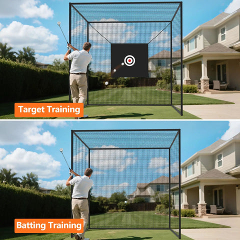 Backyard Batting Cage Netting With Target 10ft By 10ft By 10ft Frame Not Included for baseball practice shown in use in a backyard