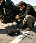 Man using tools from Heavy Duty Small Tool Bag Pouch For EDC Organizer With Handle 12 Inch Portable Toolbox Cordura 1000D next to motorcycle