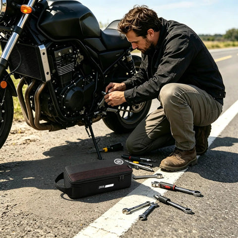 Man using tools from Heavy Duty Small Tool Bag Pouch For EDC Organizer With Handle 12 Inch Portable Toolbox Cordura 1000D next to motorcycle