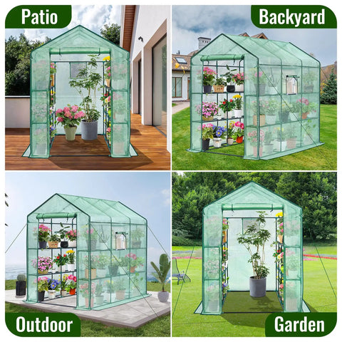 Walk In Backyard Greenhouse With Eight Shelves, Heavy Duty Portable Outdoor Greenhouse, Mesh Side Windows, Durable PE Cover, Protect Plants From Cold Rain Pests, Ideal For Indoor Outdoor Garden