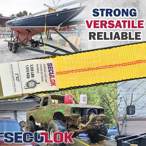 Heavy Duty 2 Inch Ratchet Tie Down Straps With Double J Hooks 27 Foot 3,333 Lbs Working Load Limit 10,000 Lbs Break Strength securing boat and truck