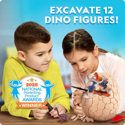 Mega Dinosaur Egg Dig Kit With 12 Dino Figures, Jumbo Excavation Brick Over 6 Inches Tall, Realistic Tools For Uncovering Fossil Fun And Hands On Paleontology Play, kids excavating egg brick