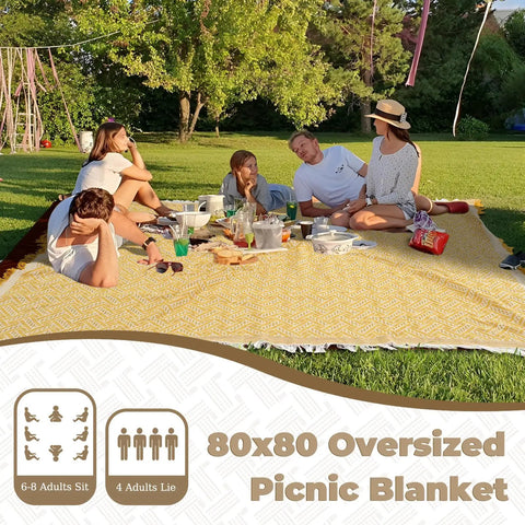 2 In 1 Extra Large 80 Inch By 80 Inch Waterproof Outdoor Picnic Blanket Foldable Beach Mat For Camping Car Travel Backpacking And Mountaineering Gear A Truly Handy Glamping Must Have For Any Adventure in use with group of people