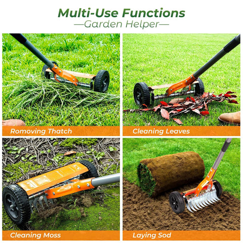 Roller Dethatching Rake With Wheels For Easy Push Across Your Lawn 76.8 Inch Adjustable Handle 2Mm Stainless Steel Blades Thatch Remover