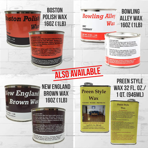 Top Shelf Bowling Alley Clear Paste Wax For Real Deal Surface Protection And Sweet Finish Polishing With Heavy Duty Carnauba Formula In Trusty 16 Oz Tin Can display with various wax cans.