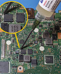 High Active Soldering Flux For Electronics And PCBs In A 10 Gram Syringe applied on oxidized copper surfaces of a PCB.