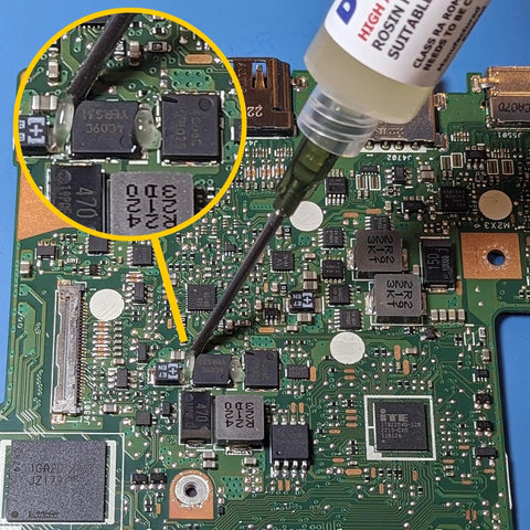 High Active Soldering Flux For Electronics And PCBs In A 10 Gram Syringe applied on oxidized copper surfaces of a PCB.