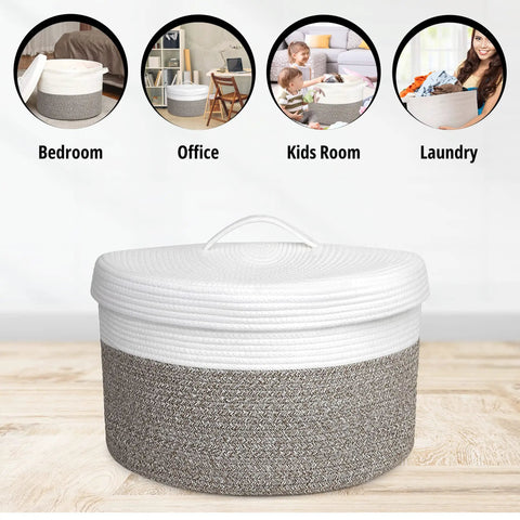 Cozy Rope Blanket Basket With Soft Lid For Living Room And Bedroom, in white brown, shown in bedroom, office, kids room, and laundry.