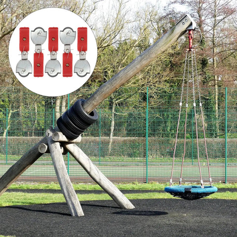 Five Piece Heavy Duty Steel Wire Rope Pulley Bundle for outdoor play structure, showcasing red-coated steel sheaves.
