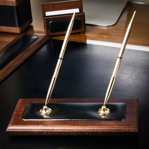 Walnut and leather double pen holder set on desk, featuring rolling ball pens, part of 3 piece elegant office accessories set