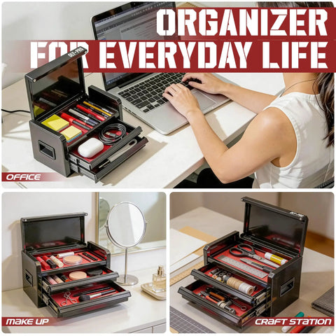 Straight Shooter Mini Toolbox With Two Ball Bearing Sliding Drawers And Roomy Top Tray Beefy Steel Portable Tool Case For Garage Setup Or Handyman Projects Matte Black