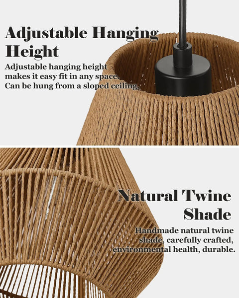 Close-up of handwoven rattan pendant light with woven basket shade, adjustable hanging height, natural twine shade visible