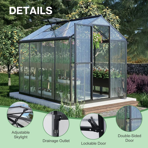 Walk In Greenhouse With Gutter And Polycarbonate Panels, Heavy Duty Aluminum Frame, Adjustable Skylight, Lockable Two Sided Door, 6 X 8 Ft, For Patio Outdoor Yard Lawn Use, Black