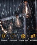 50 Ft Outdoor String Lights With 27 Shatterproof LED Edison Bulbs in rain showing waterproof feature, patio bistro lighting