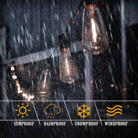 50 Ft Outdoor String Lights With 27 Shatterproof LED Edison Bulbs in rain showing waterproof feature, patio bistro lighting
