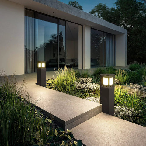 Modern home entrance with two Go-To IP54 Waterproof Outdoor Bollard Path Lights, 32-Inch Black LED Lamps, 3000K Warm White