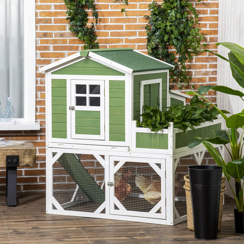 49 Inch Chicken Coop With Garden Space And Outdoor Run Cage Weatherproof Hen House, green double deck, backyard setting
