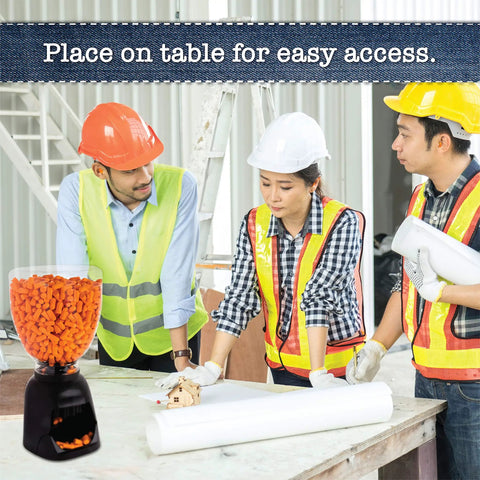 Workers around table with Wall Mount Ear Plug Dispenser For Bulk Refill, 500 Pair Capacity, Slow Rebound Foam Ear Plugs For Heavy Noise.
