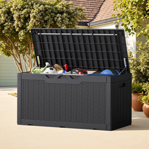 Open 100 Gallon Outdoor Storage Box With Lockable Lid For Patio And Garden Weatherproof PP Deck Box With Wood Grain Finish