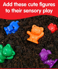Set Of Sixty Mini Bear Counters Packed In A Sturdy Jar With Tweezers And An Activity Guide For Big Time Sorting Practice And Kid Approved Early Learning Adventures scattered in soil.