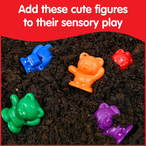 Set Of Sixty Mini Bear Counters Packed In A Sturdy Jar With Tweezers And An Activity Guide For Big Time Sorting Practice And Kid Approved Early Learning Adventures scattered in soil.