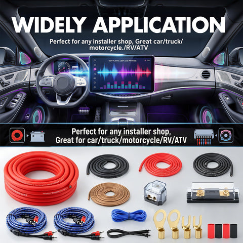Straight Up 4 Gauge Auto Audio Hook Up Kit With 20 Ft Oxygen Free Copper Power Cable and various audio wiring components.