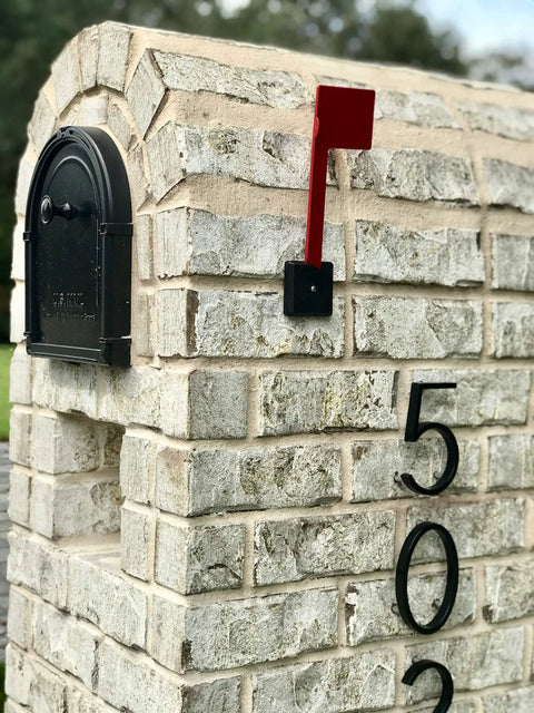 All Surface Mailbox Flag That Fits Brick, Stucco, Stone, Wood, Metal Or Plastic Mailboxes USA Made Durable Flag With Finger Grab Handle And Fade Resistant Sunlight Built For Hot And Cold Weather attached to a brick mailbox