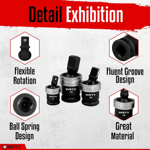 3 Piece Impact Universal Joint Set With 1/4 Inch 3/8 Inch And 1/2 Inch Drive Swivel Sockets, Heavy Duty Alloy Steel U Joint Sockets