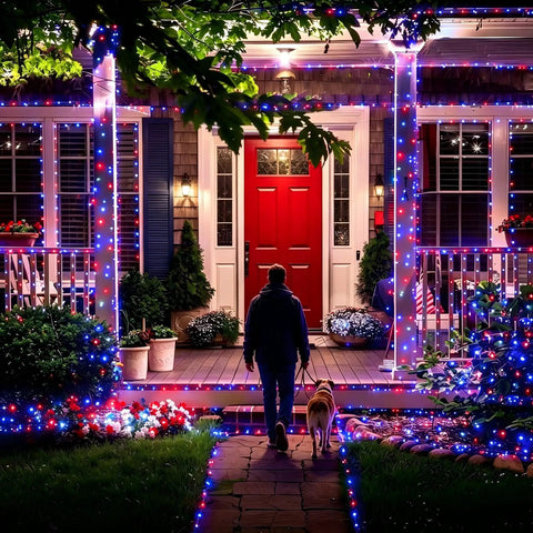 House decorated with Red White Blue Solar String Lights 39Ft With 60 LEDs Waterproof Patio Lights for Independence Day at night.