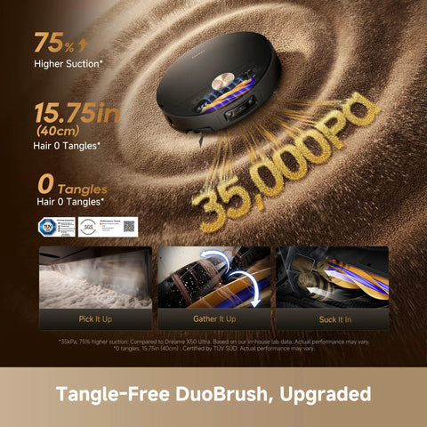 X60 Max Ultra Complete Robot Vacuum with 35000Pa suction showing tangle-free brush and high suction capability on carpet