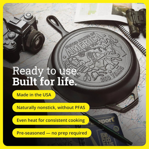 All American Cast Iron Skillet 10.25 Inch Pre Seasoned Frying Pan With Teardrop Handle For Oven Stovetop Grill Campfire Use Made In USA Non Toxic Even Heating 250th Anniversary Logo displayed on a map.