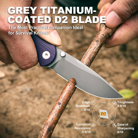 Trailpaw Folding Pocket Knife With 3.01 Inch D2 Blade And Purple G10 Handle One Hand Open EDC Built For Dog Walks And Light Outdoor Tasks Compact Everyday Carry Knife For Daily Adventures, grey D2 blade cutting a stick