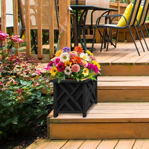 Lattice Design Outdoor Planter Box Dope Front Porch Decor 14.75 Inch Square Black Plant Pot 13 Inch Tall for patio garden.