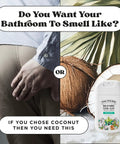 Side-by-side image of a person and a coconut with Before You Go Pocket Toilet Spray On The Go Freshener With Funk Lock Technology.