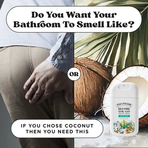Side-by-side image of a person and a coconut with Before You Go Pocket Toilet Spray On The Go Freshener With Funk Lock Technology.