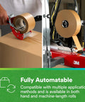 Game Changing Paper Box Sealing Tape 570 1.9 Inch By 55 Yard Brown Recycle Compatible For Packaging Shipping And Moving Ideal For Hand Or Automated Application shown in manual and automated application.