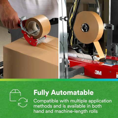 Game Changing Paper Box Sealing Tape 570 1.9 Inch By 55 Yard Brown Recycle Compatible For Packaging Shipping And Moving Ideal For Hand Or Automated Application shown in manual and automated application.