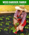 Gardener installing Weed Barrier Landscape Fabric Heavy Duty 3.2oz Ground Cover Mat with plants and tool
