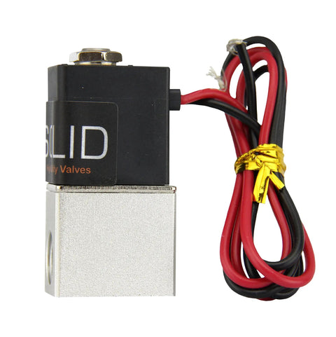 12V DC 1/8 Inch NPT 2 Way Normally Closed Solenoid Valve with aluminum body and red-black wires, IP65 rated, side view