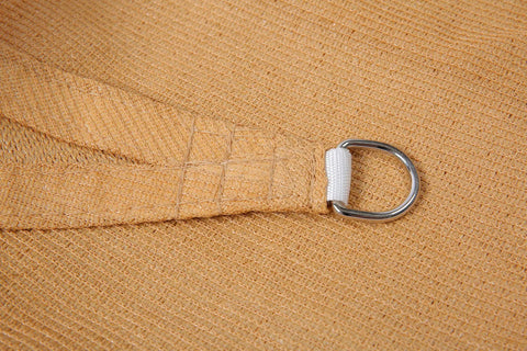 Close-up of Oversized 20x20x20 Foot Triangle Sun Shade Sail For Garden And Patio Desert Sand Color, HDPE weave with metal ring