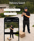 Image showing a person using a mobile app connected to a 2K HD Video Doorbell Add-On With Battery-Powered Dual Motion Detection Package Alerts Family Recognition No Monthly Fee Motion Alerts Homebase Not Included, next to a delivered package on the porch.