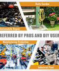 Home improvement collage: automotive repair engine, garden hose setup, and factory robotics scene