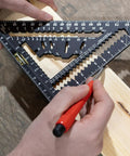MACH-1 Smart Mark Rafter Square With Level Vial used for precise wood layout, showing easy read markouts on lumber.
