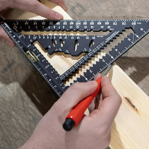 MACH-1 Smart Mark Rafter Square With Level Vial used for precise wood layout, showing easy read markouts on lumber.